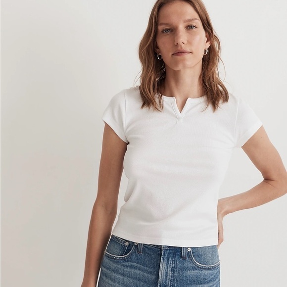 Madewell Brightside Rib Split-Neck Tee eyelet white - Picture 1 of 5